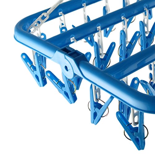 Clip and Drip Hanger Clothes Hanger Drying Rack 32 Clips (Blue) - color: Blue