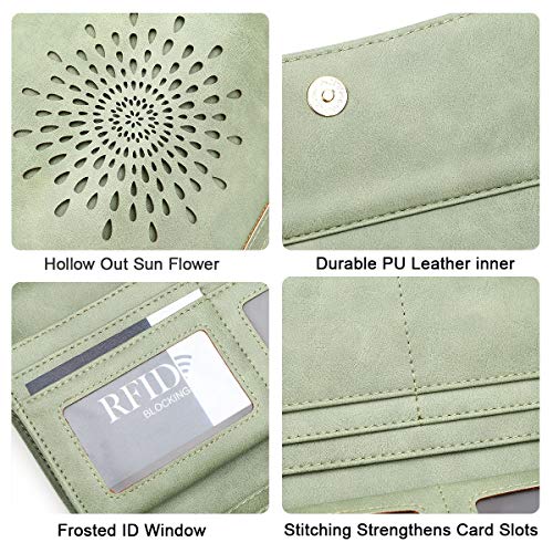 APHISON Womens Wallets RFID Blocking Leather Clutch Long Wallet for Women Card Holder Phone Organizer Ladies Travel Purse Hollow Out Sunflower Design Gift - color: GREEN