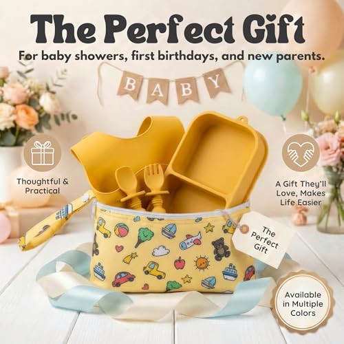 Baby Travel Essentials 6 Pc Silicone Feeding Set - Portable Toddler Plates with Suction, Baby Spoons & Foldable Bib in Carrying Case - BPA-Free Infant & Toddler Utensils for Airplanes & Eating Out - color: Yellow