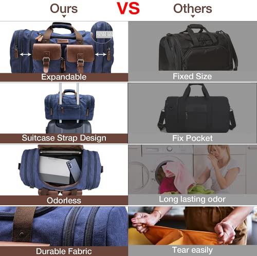 Wildroad 50L Travel Duffel Bag, Expandable Canvas Genuine Leather Duffle Bag Upgraded Overnight Weekender Carry on Bag - color: Blue, size: Large-50L Duffle Bag