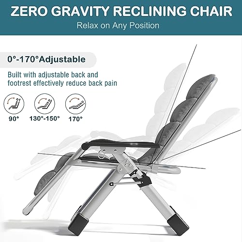 NAIZEA Padded Zero Gravity Chair, Folding Outdoor Lounge Chairs, Adjustable Reclining Camping Chairs with Cup Holder, Ergonomic Patio Lawn Chair for Balcony Beach Deck Yard - color: Linen Grey, style: Zero Gravity Chair