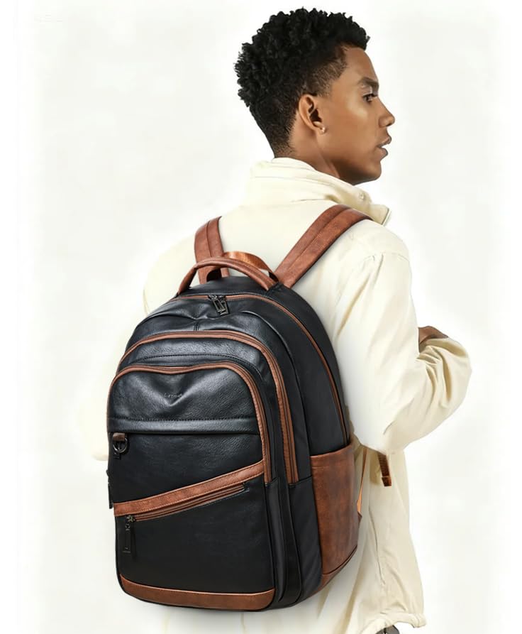 LATMAP Backpack for Women Men - Vegan Leather Backpack Purse Travel Carry-on Bag College Bookbag Work fits 16.5" Laptop,Black&Brown - color: Black&brown
