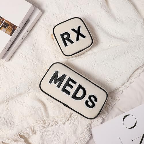 RSRSLEII 3Pcs Canvas Rx MEDS STUFF Packages, Cute Chenille Letter Patch Drug Makeup Bag with Metal Zipper, Mini Travel First Aid Purse Organizer Machine Washable (3Pcs Bags) - color: 3Pcs Bags
