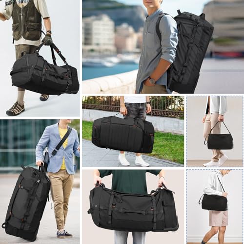 86L Collapsible Wheeled Luggage With Removable Backpack Straps,Waterproof Rolling Duffle Bag with Quilted Base (Black)