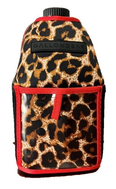 Half-Gallon Fitness Hydration Cover | Neoprene Insulated Cooling & Portable Gym Water Bottle Carrier | CASE with Storage Pockets - color: LEOPARD RED
