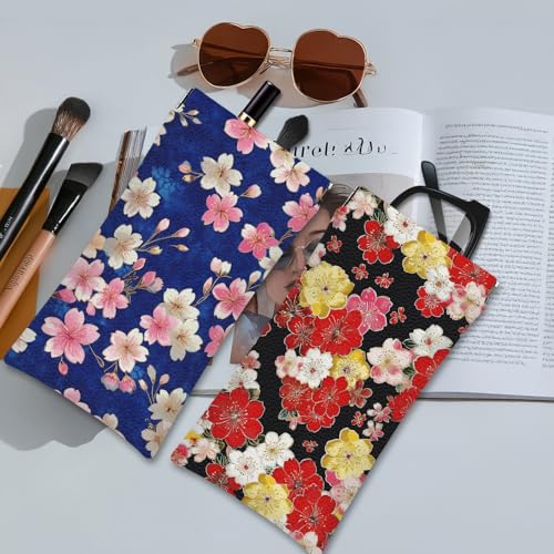 Eyeglasses Sunglasses Case PU Soft Squeeze Top Glasses Pouch for Women Men,Floral Pattern Portable Anti Scratch - color: Blue and Pink