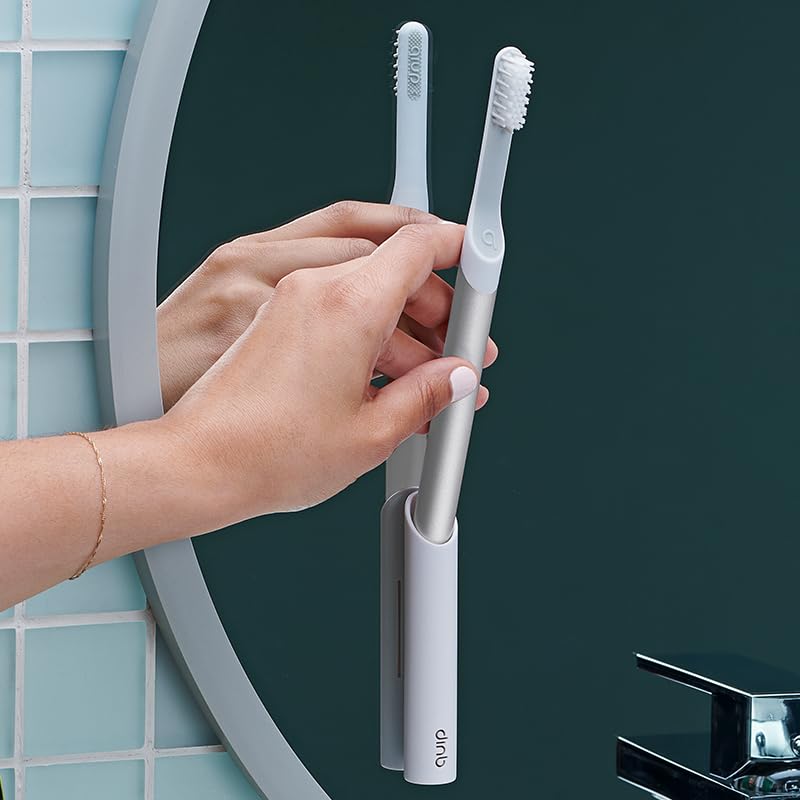 Quip Sonic Toothbrush for Adults with Timer - Includes Extra Brush Head and Travel Cover Mount - Electric, Soft Bristle Refill Head, Metal Handle, 3 Month Battery Life - Travel Toothbrush - Silver - color: Silver