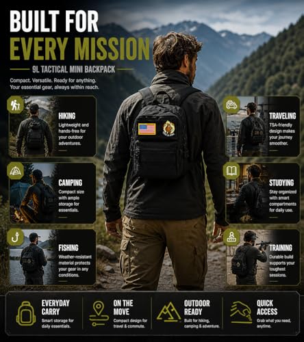 9L Mini Tactical Backpack Small Military Gym Bag for Men Women Molle Daypack Camping Backpack with Patch (Black) - color: Upgrade Black