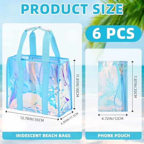 Hsei 6 Pcs Clear Iridescent Beach Bag with Phone Pouch for Women Beach Travel Large Waterproof Tote Bags for Vacation Picnic - color: Iridescent Blue