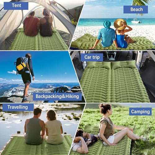 Double Sleeping Pad for Camping - Ultralight Camping Mattress with Pillow, Built-in Foot Pump, Compact Inflatable 2-Person Portable Mat for Backpacking, Hiking, Car Traveling, Beach, Tent - color: Olive Green