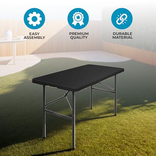 Simpli-Magic 4ft Portable Plastic Folding Table – Indoor & Outdoor Heavy-Duty Foldable Utility Table w/Handle for Party & Camping (Black) - size: 4 feet Table