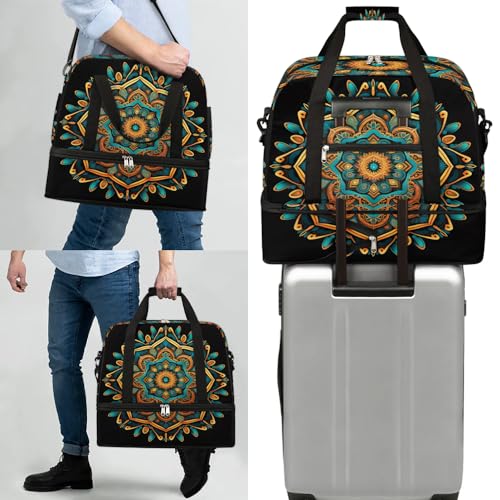 Travel Duffle Bags With Shoes Compartment for Women Men Mandala Flower Ethnic Boho Lightweigh Sports Tote Gym Bag Foldable Canvas Weekender Overnight Carry On Luggage Handle Bag - color: A06:print 1