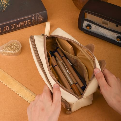 Hongdian Large Capacity Pencil Case, 3D Cat Pen Bags Pencil Pouch Organizer for Office College School - color: Tan