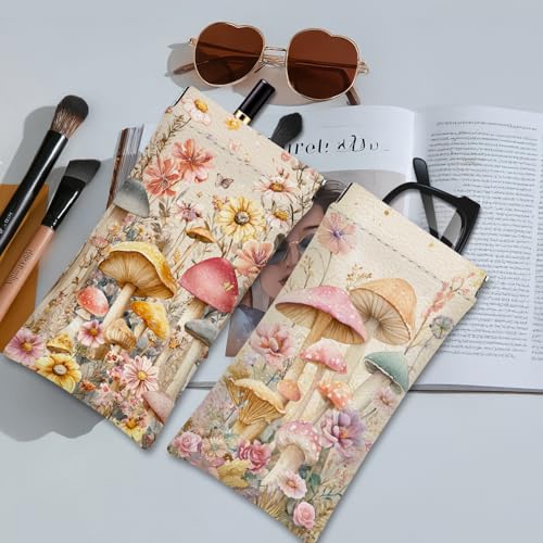 Eyeglasses Sunglasses Case PU Soft Squeeze Top Glasses Pouch for Women Student,Floral Pattern Portable Anti Scratch - color: Pink-mushroom02
