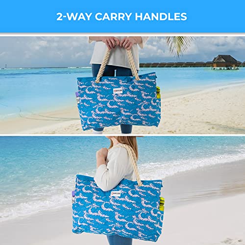 Beach Bag and Pool Bag Has Cooler Pocket, 7 Pockets Total, Zip Top. Family Size Waterproof Beach Tote - color: Ocean Waves