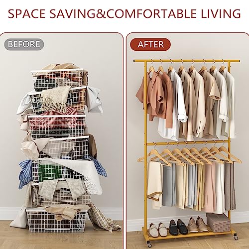 Sywhitta Double Rod Clothing Garment Rack, Rolling Coat Hanger with Bottom Mesh, Clothing Rack for Hanging Clothes, Coats, Skirts, Sweaters, Gold - color: Gold, size: With mesh