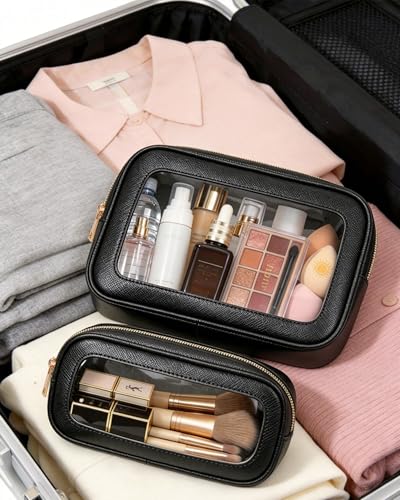 2Pcs Clear Makeup Bags Set - Portable Clear Cosmetic Bag Case Travel Makeup Brush Bag Waterproof Makeup Pouch TSA Approved Toiletry Bag Car Organizer Bag for Women (Black Set) - color: Black Set