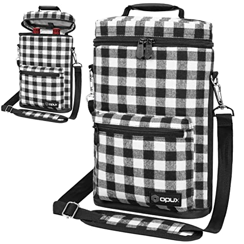 Opux 2 Bottle Wine Tote Carrier, Insulated Cooler Bag for Travel Picnic, Leakproof Padded Case, Wine Gifts for Women & Men, Plaid Buffalo White - color: Buffalo Plaid White