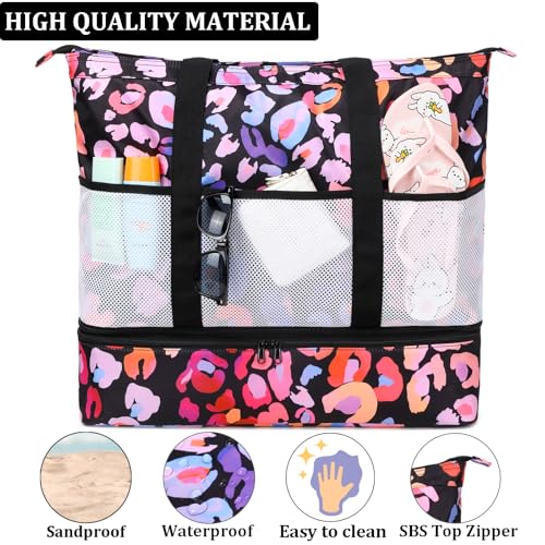 JIANYA Beach Bag Women Waterproof Sandproof Beach Tote Bags with Cooler Top Zipper Large Totes for Pool Travel Daily - color: Pink Leopard-pink