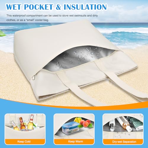 HUANLANG Large Beach Bags for Women Pool Bag with Zipper, Waterproof Sandproof Beach Tote Travel Bag with Wet Pocket - color: White