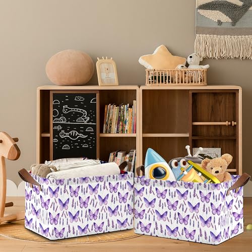 Lavender Storage Baskets,Purple Butterfly Foldable Organizer Bin with Handles for Home Living Room Bedroom Closet Box 17x11.5x10Inch - color: Lavender Purple Butterfly