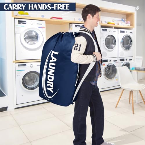 Sylfairy 2 Pack XL Laundry Bag with Strap,Heavy Duty Travel Laundry Bag,Rip-Stop Dirty Clothes Shoulder Bag with Drawstring,Easy Fit a Laundry Hamper or Basket Travel Essentials - color: Rose red+Navy blue