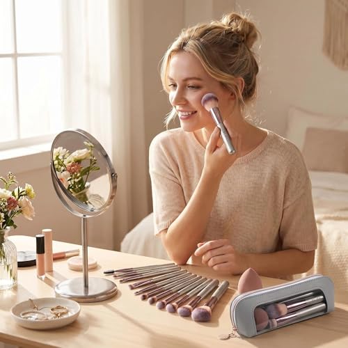 Travel Makeup Brush Set BS-MALL14 PCS Professional Makeup Brushes with Case & Sponge for Foundation, Concealer, Powder, Blush & Eyeshadow, Soft Synthetic Brush Kit for Women, Beginners & Travelers - color: Champagne