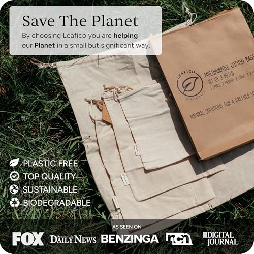 LEAFICO Cotton Storage Bags – X-Large 14x17 Inch (6-Pack) – Reusable Muslin Bags with Drawstrings – Biodegradable Canvas Fabric Sacks – Perfect for Bread, Bulk Produce, Potatoes, Onions, Shoes - size: X-Large 14x17"(6pack)