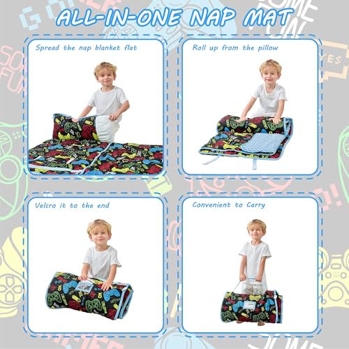 Lasoftan Toddler Nap Mat with Pillow and Blanket, Extra Large Rolled Napping Mats,Slumber Bags for Boys Girls,Kids Sleeping Bag for Daycare, Preschool Travel Camping - color: Game Console