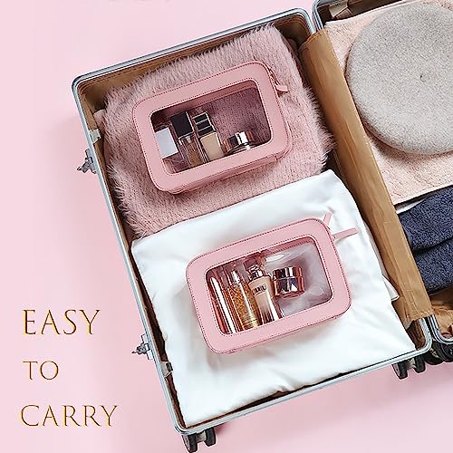 Clear and Waterproof Makeup Bag Portable Travel Cosmetic Case Organizer for Women Toiletry Pouch with Transparent Vinyl Windows & Zippers (Pink) - color: Pink