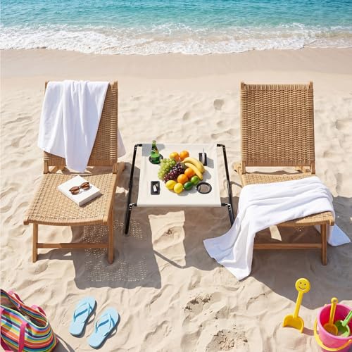 Portable Beach Table Foldable Camping Picnic Table with Cup Holder and Phone Pockets Lightweight Stable for Tailgate Travel Fishing Hiking and Outdoor Adventures(White,Solid Pattern) - color: White