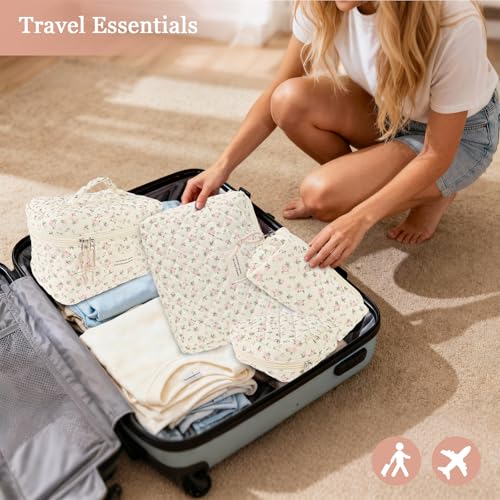 NATINSA Cute Makeup Bag for Women(2 Pcs), Travel Cosmetic Bags, Quilted Coquette Aesthetic Floral Toiletry Organizer Bag (46 - PinkMuDan) - color: 46 - PinkMuDan