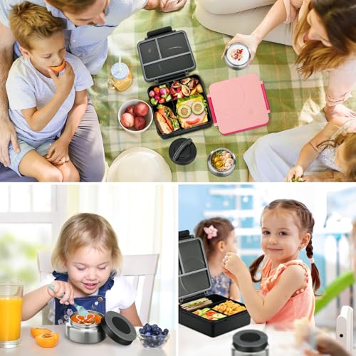 Bento Lunch Box Set for Kids with 8oz Soup Thermo, Leak-Proof Lunch Containers with 4 Compartment, Kids Thermo Hot Food Jar and Insulated Lunch Bag for Kid to School-Black - color: Black