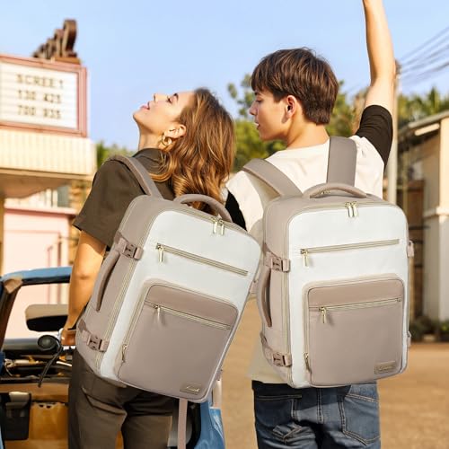 LOVEVOOK Travel Backpack For Women,40L Carry On Backpack Flight Approved,TSA Personal Item Travel Bag Fits 17 Inch Laptop,Business Weekender Overnight Daypack with Back Pad and Chest Buckle,Cubes - color: Off-white and Khaki, size: 17.3 Inch-40L-4Pcs