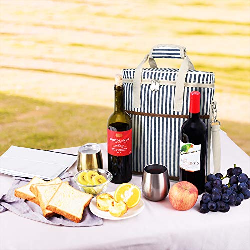Tirrinia Insulated Wine Gift carrier - 3 Bottle Travel Padded Wine Carry Cooler Tote Bag with Handle and Adjustable Shoulder Strap, Stripe - color: Blue Stripe
