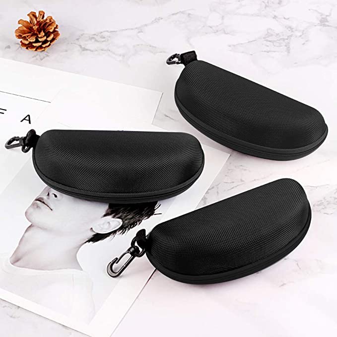 3 Pack Zipper Shell Eyeglasses and Sunglasses Case with Plastic Carabiner Hook - color: Black