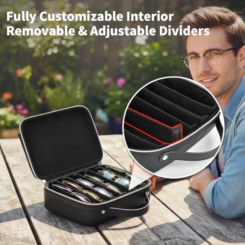 Travel Sunglasses Organizer Case with Adjustable Dividers for 6 Pairs-Portable Eyeglasses Storage Box for Men & Women