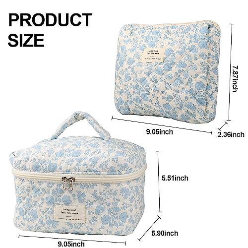 NATINSA Cute Makeup Bag for Women(2 Pcs), Travel Cosmetic Bags, Quilted Coquette Aesthetic Floral Toiletry Organizer Bag (NavyBlue Flower) - color: NavyBlue Flower