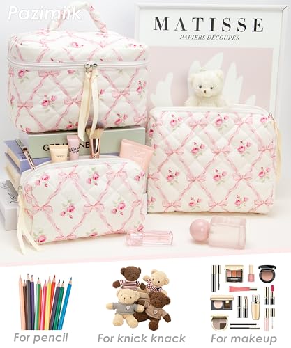PAZIMIIK 3PCS Makeup Bag SET Large Travel Quilted Zipper Soft Cosmetic Case Pouch for Women Girls Make Up,Bow Rose - color: Bow Rose, size: 3 PCS SET