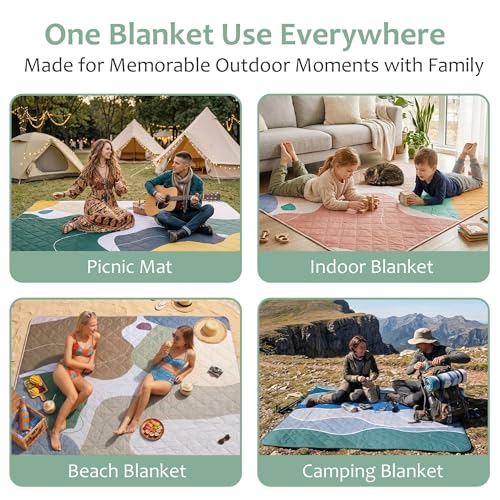 Exclusivo Mezcla Extra Large Waterproof Picnic Blankets 3 Layer, Sandproof and Foldable Outdoor Blanket for Beach Camping, Park and Travel - color: Waved Blue