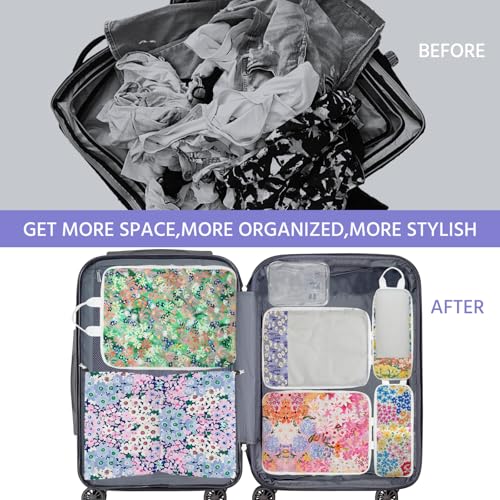 7 Pcs Compression Packing Cubes for Travel, Waterproof Suitcase Luggage Backpack Organizer with Toiletry Bag Travel Essentials for Women/Men-Flowers - color: Multi-Flowers