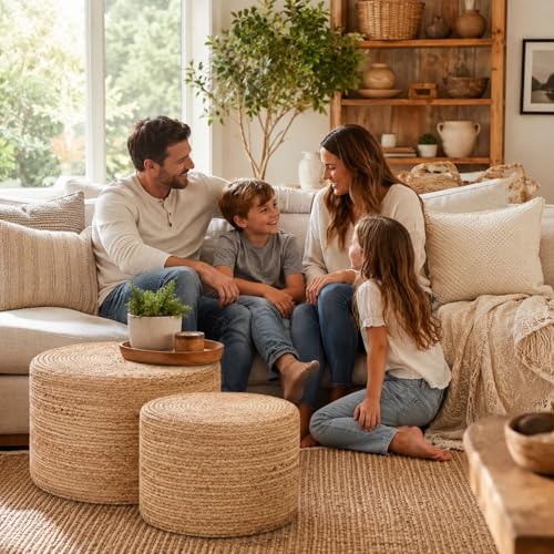 Wimarsbon 18'' Pouf Ottoman, Natural Braided Poof, Round Poufs, Rustic Handweave Lounge Pouffe, Boho Footrest Stool for Bedroom, Accent Table or Seat for Patio, Living Room - color: 18inch Natural Water Hyacinth Braid