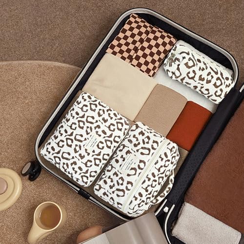 GISMTR 3Pcs Makeup Bag Cotton Quilted Travel Cosmetic Bag Cute Floral Makeup Pouch Large Toiletry Bag for Women Girls - color: Coffee leopard print