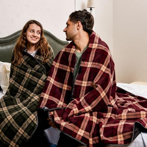 DUKUSEEK Waterproof Stadium Blanket with Hood, Wine Red Plain Waterproof Outdoor Blankets - color: Dark-blue-red-plaid