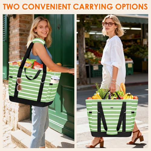 Cooler Bag Insulated, Soft Side Cooler, Reusable Grocery Bags with Zipper Closure, Thermal Leakproof Large Insulated Tote Bag for Hot/Cold Food for Grocery, Beach, Travel, Picnic - color: Light Green and White