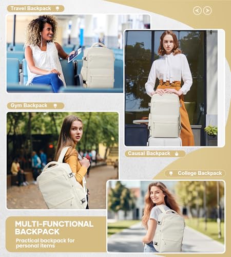 BOXSAM Vacuum Travel Backpack with Pump for Women, Personal Item Carry on Vacpack Backpacks Flight Approved 18x14x8 inches for Men,Laptop Waterproof Work Compression bags Casual Daypack,Beige