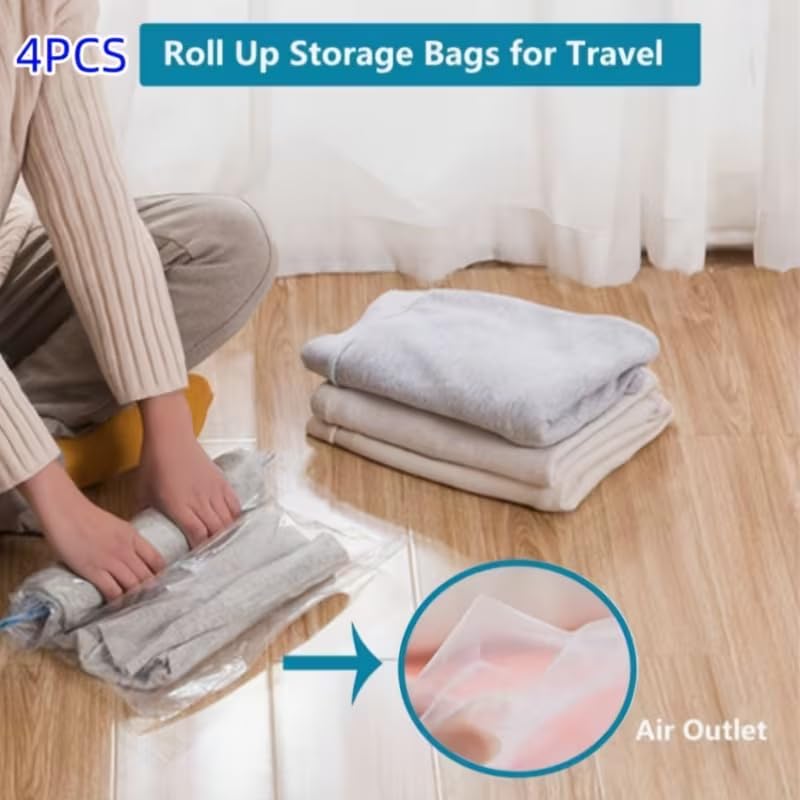4pcs Roll-Up Compression Bag For Travel, Reusable Vacuum Packing Space Saver Bags - 40 * 60cm - color: Blue, size: Large