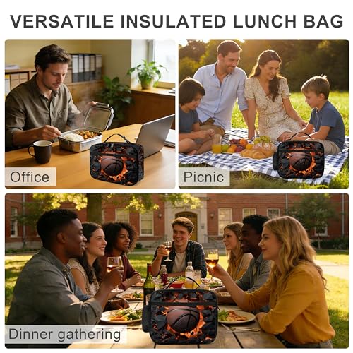 Basketball Lunch Bag Insulated Reusable Lunch Box Cooler Thermal Tote Bag For Teenage Boys Girls School Beach - color: Basketball