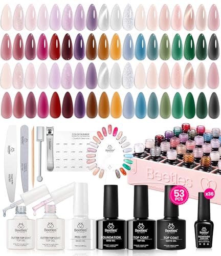 Beetles Jelly Gel Nail Polish Set, 53PCS 36 Colors Jelly Pink Milky White Red Black Blue Green Silver Cat Eye Base Glitter Glossy Matte Top Coat Crystal Ice Collection French Nails Gift for Women - color: 0-1-Crystal Ice Collection