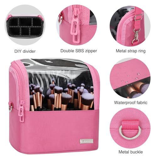 TANTO Makeup Brush Case Stand-up Makeup Cup Makeup Brush Holder Travel Professional Cosmetic Bag Artist Storage Bag Large Makeup Bag with Adjustable Divide (Rose Pink, 1-Large) - color: Rose Pink, size: 1-Large